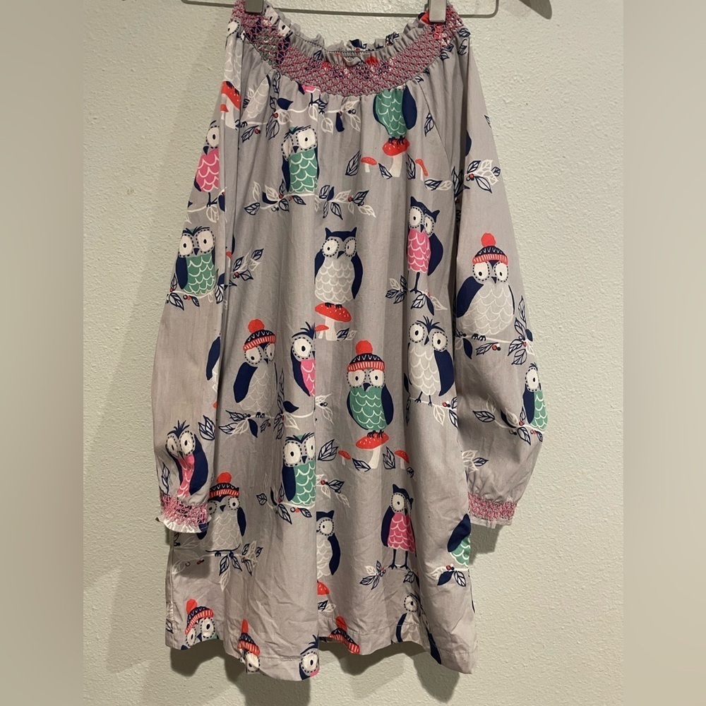 Mini Boden Adorable Gray dress with novelty Owl print. Size 7 - 8 year